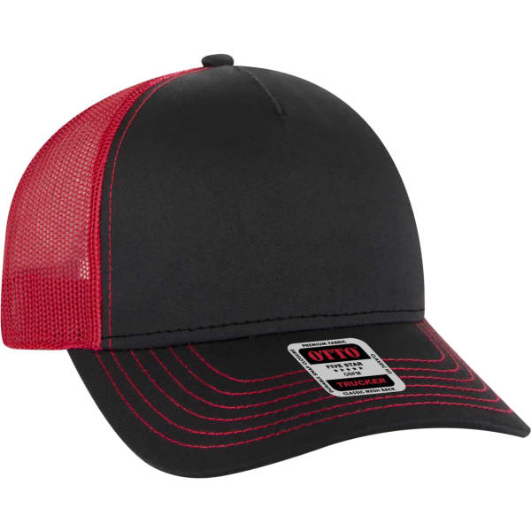 A black and red 5-panel trucker hat with a mesh back and a branded tag on the front.