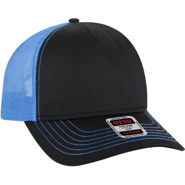 A black and blue 5 panel trucker hat with mesh sides and a logo patch on the front.