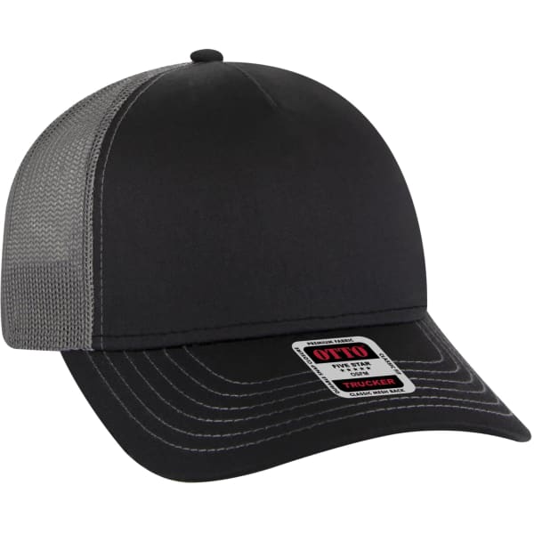 A 5 panel trucker hat in black with a grey mesh back and adjustable strap, featuring a logo on the front.