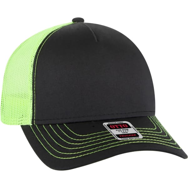 A 5 panel trucker hat in black with a bright green mesh back and contrasting stitching, featuring a logo on the front.