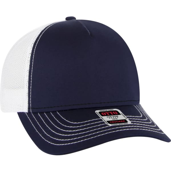 A navy blue and white 5 panel trucker hat with a mesh back and a logo on the front.