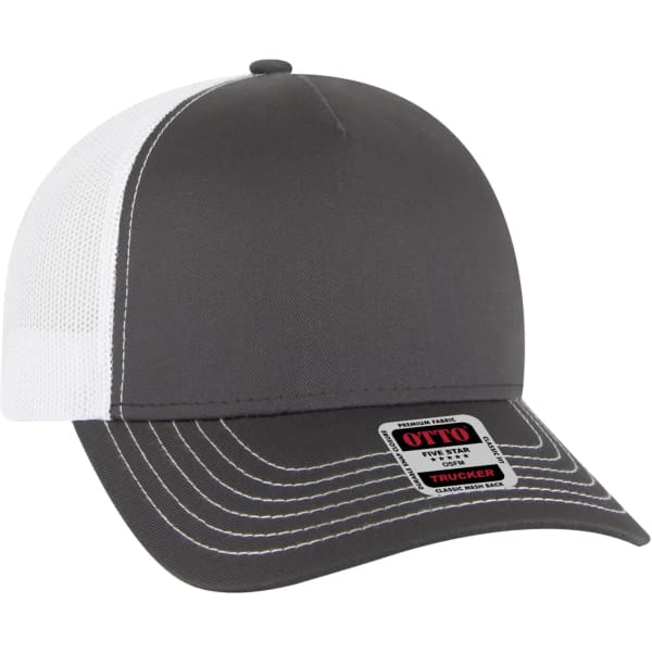 A grey and white 5 panel trucker hat featuring a mesh back and a small logo on the front.