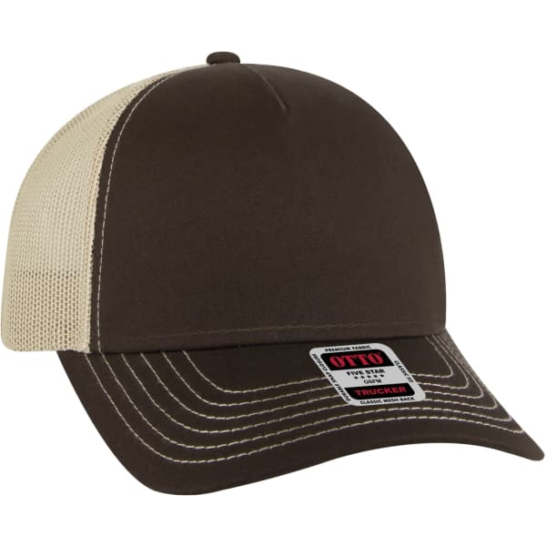 A brown 5 panel trucker hat with a beige mesh back and a logo on the front.