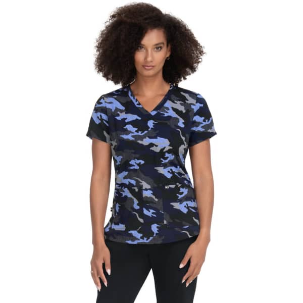 A blue and black camouflage print top featuring a V-neck design and short sleeves. The product has a logo.