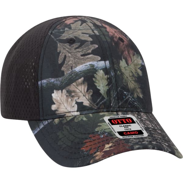 A six-panel baseball cap in camouflage design, featuring a black mesh back and a logo on the front.