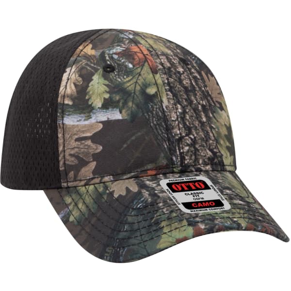 A 6-panel baseball cap in camo print with a black mesh back and a logo.