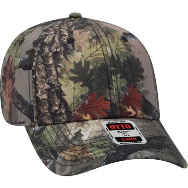 A camouflage 6-panel baseball cap with a natural leaf and bark pattern, featuring a logo on the front.