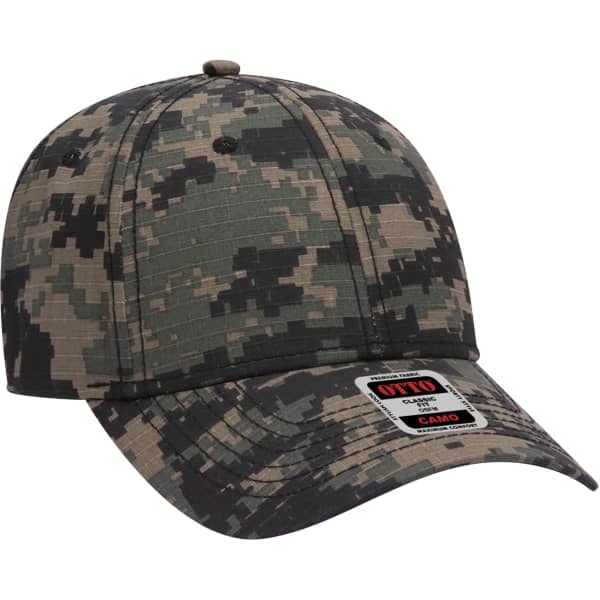 A camouflaged 6 panel baseball cap featuring a logo, showcasing shades of green and brown.