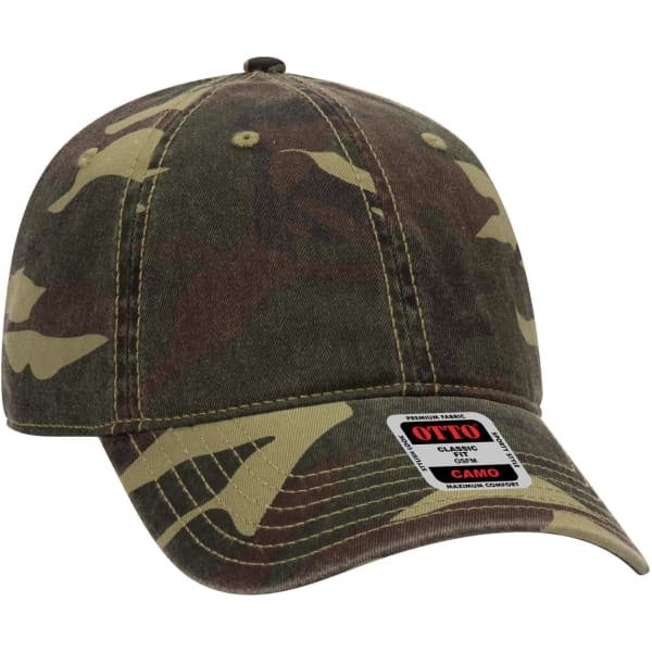 A camouflage 6-panel baseball cap with a curved brim and a logo badge on the side.