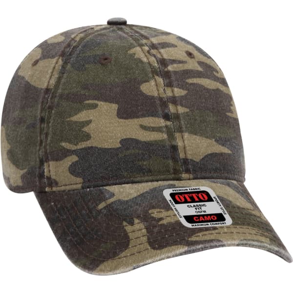 A camo-patterned 6 panel baseball cap with a curved brim and a logo on the front.