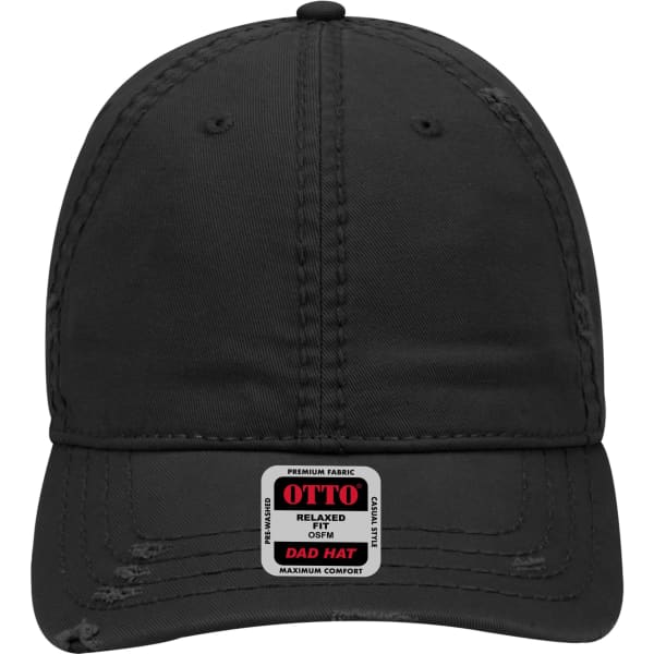 A black 6 Panel Low Profile Dad Cap with a logo on the front and relaxed fabric design, featuring visible stitching details.