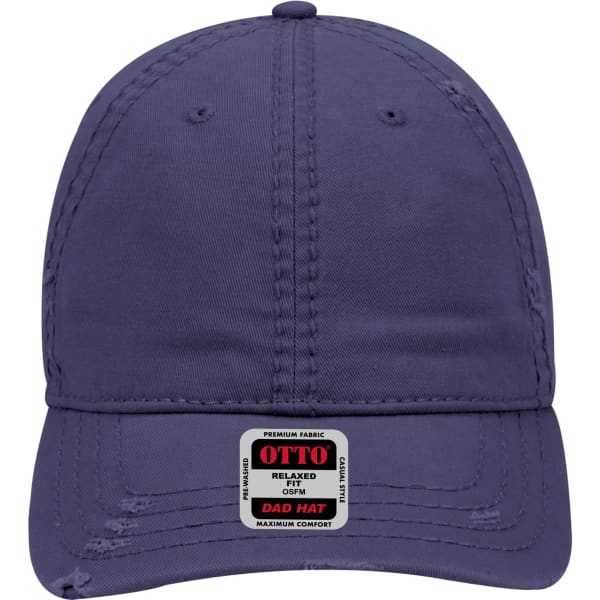 A navy blue 6 Panel Low Profile Dad Cap with distressed detailing and a logo on the front label.