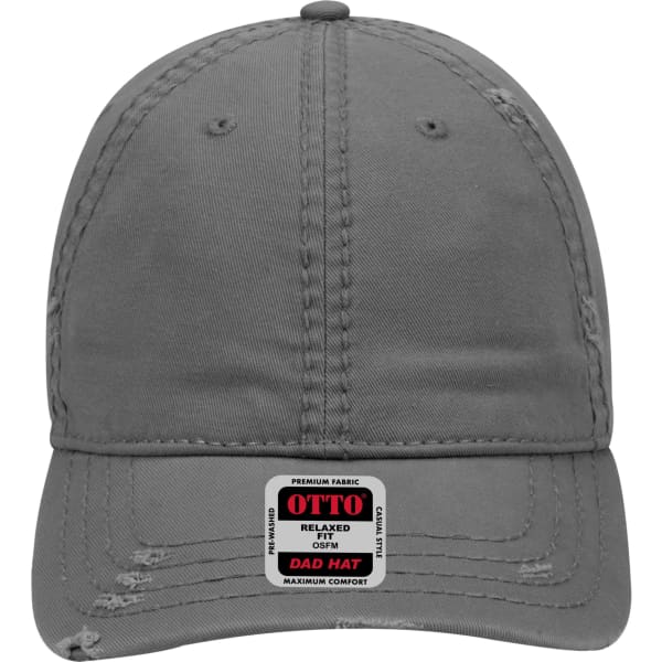 A grey 6 panel low profile dad cap with a distressed finish and a logo on the front. 