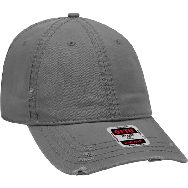 A grey 6 panel dad hat with a distressed look and a logo on the front.
