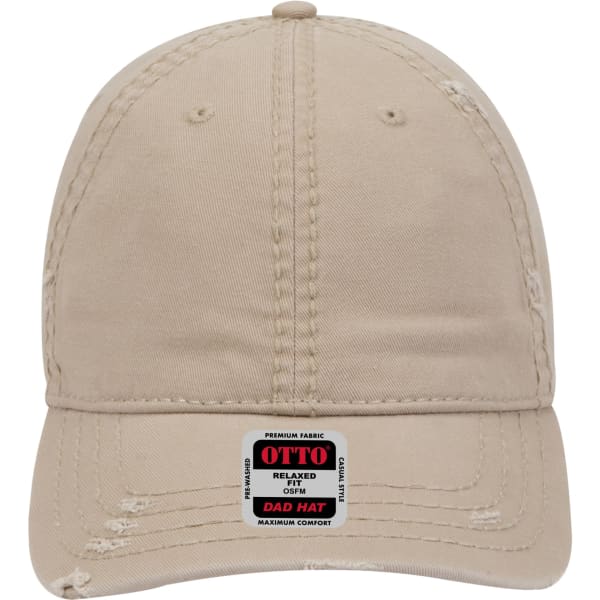 A khaki 6 Panel Low Profile Dad Cap with a logo on the front and a relaxed fit design.