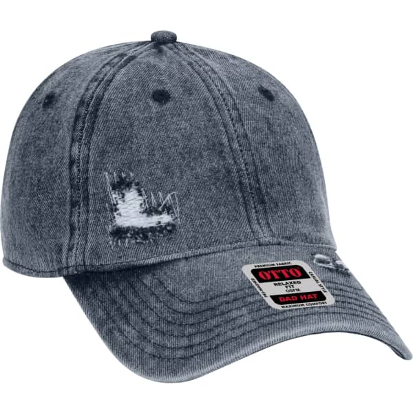 A distressed denim 6 panel dad hat with a curved brim and a logo on the front.