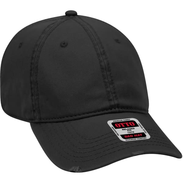 A black 6-panel dad hat with a logo, featuring a curved brim and adjustable back.