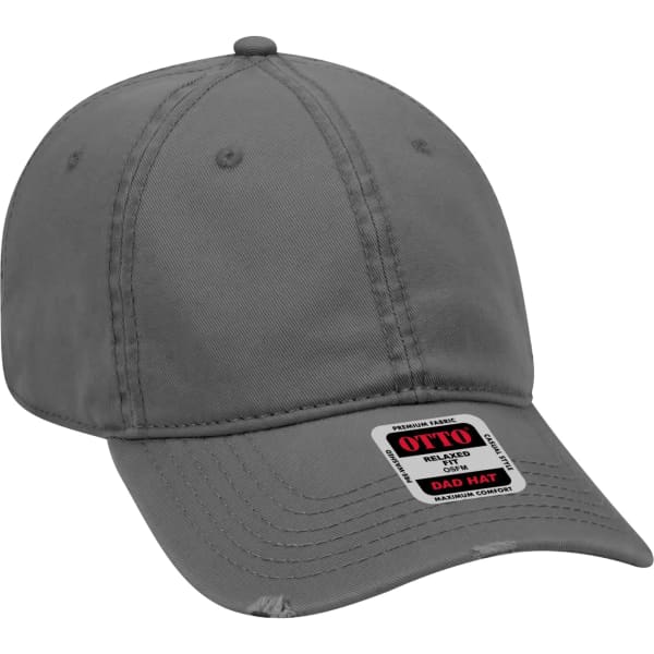 A grey 6 panel dad hat with a curved brim and an adjustable strap at the back. It features a logo on the side.