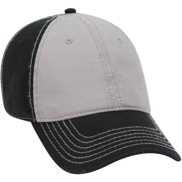 A two-tone 6 Panel Dad Hat featuring grey and black fabric, with visible stitching and a logo on the front.