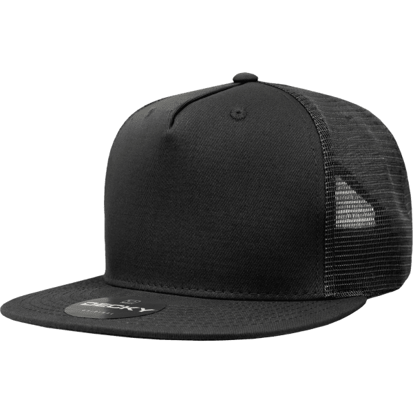 A high-profile structured trucker cap in black with a mesh back and a logo.