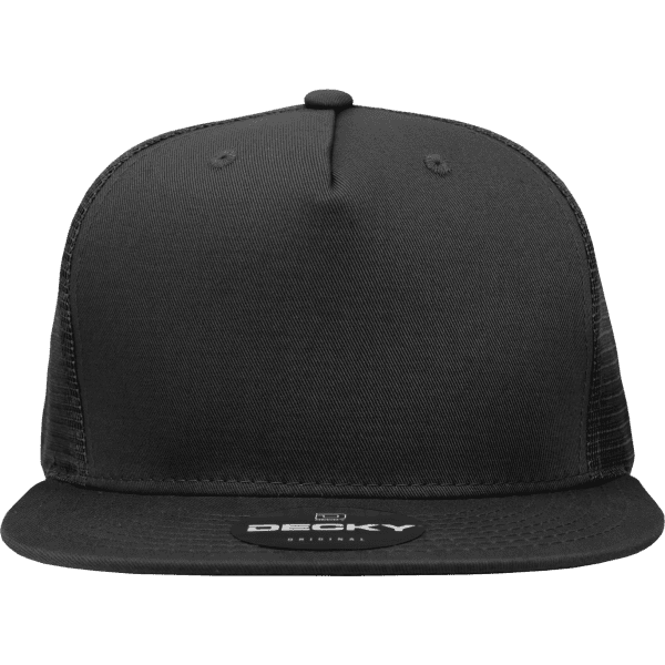 A black 5 Panel High Profile Structured Trucker hat featuring a mesh back and a branded patch on the front.