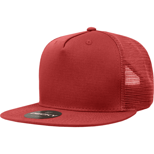 A red 5-panel high pro cotton/poly blend trucker cap with a mesh back and a branded logo on the front.