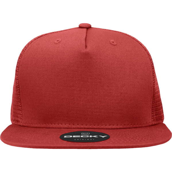 A high-profile structured trucker cap in a vibrant red colour, featuring a logo on the front.