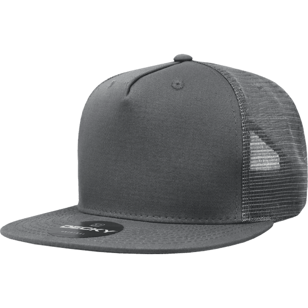 A grey 5 Panel High Pro Cotton/Poly Blend Trucker cap with a mesh back and a branded badge.