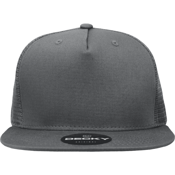 A high-profile structured trucker cap in grey with a mesh back and a branded logo on the front.