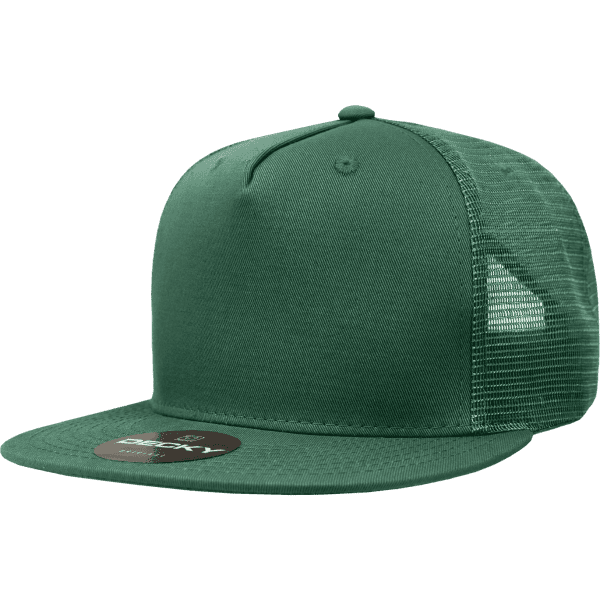 A green 5-panel high-profile cotton/poly blend trucker cap with a mesh back and a logo on the front.