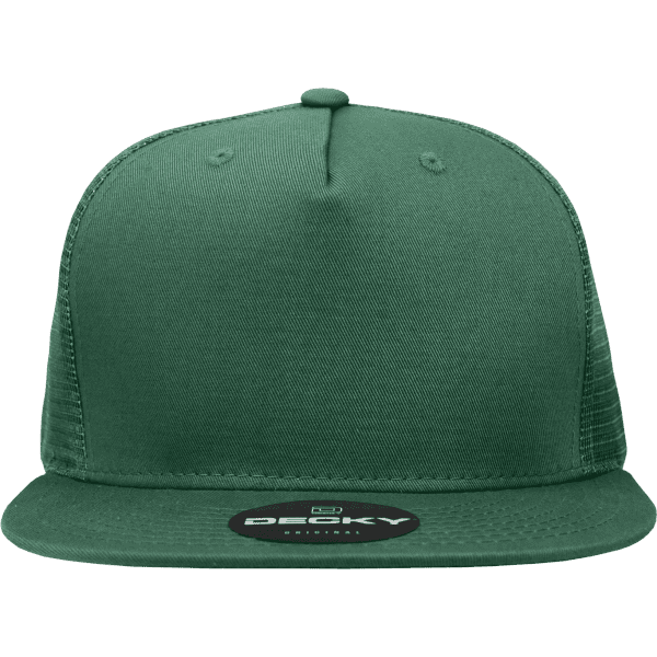 A dark green 5-panel high profile structured trucker cap featuring a solid front and mesh back, with a logo on the brim.
