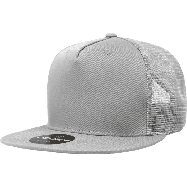 A grey 5-panel trucker cap with a mesh back and a logo on the front.