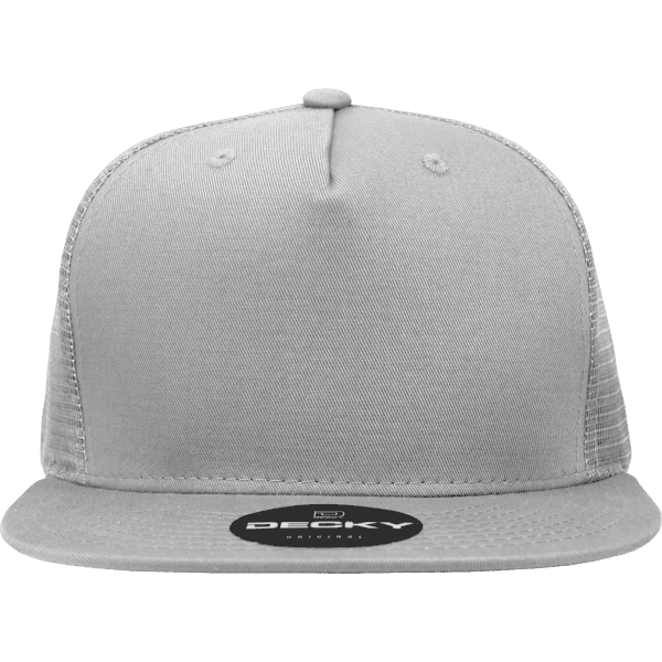 A grey high-profile structured trucker cap with a mesh back and a circular logo on the brim.