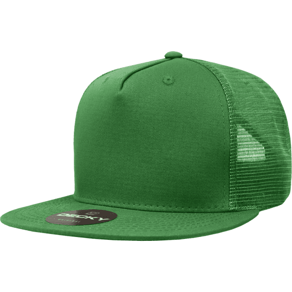 A bright green 5-panel trucker cap with a mesh back and a round logo on the front.