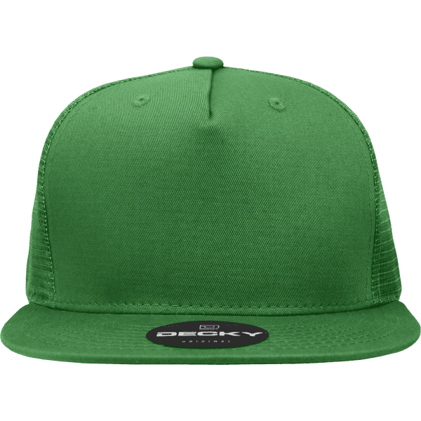 A green 5 panel high profile structured trucker cap with a flat brim and a branded logo.
