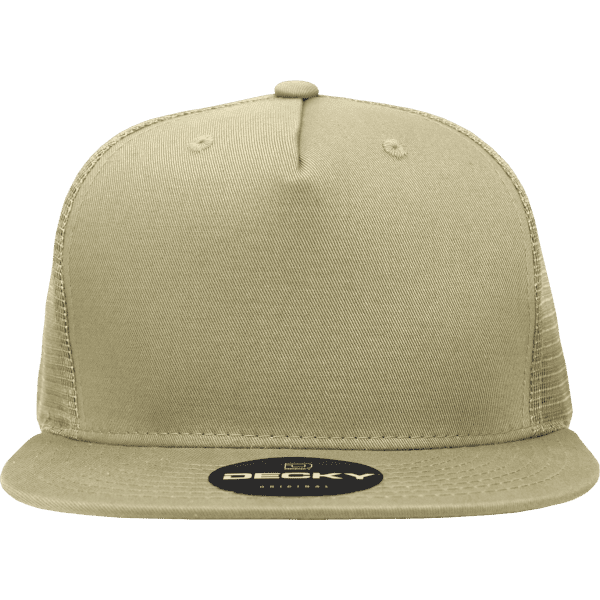 A high-profile structured trucker hat in khaki with a mesh back and a logo on the front.