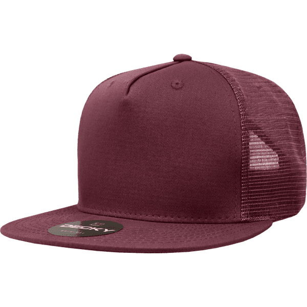 A red 5 Panel High Pro Cotton/Poly Blend Trucker hat with a mesh back and a branded logo.