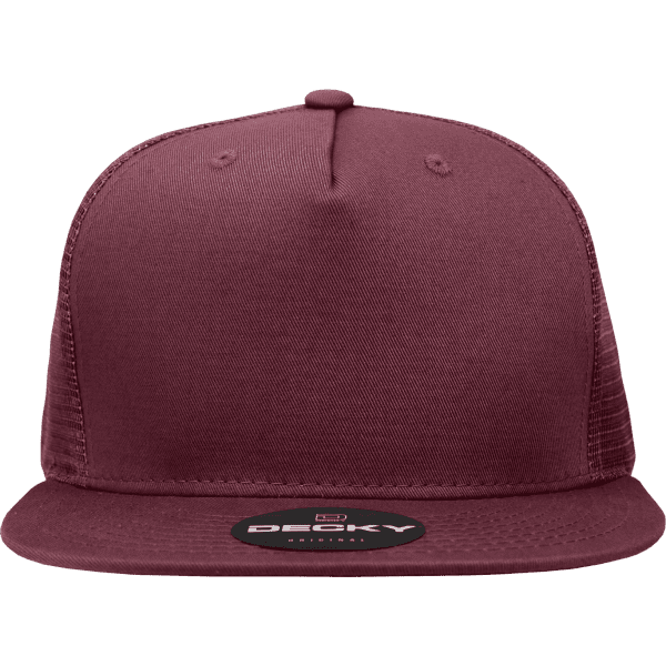 A high-profile structured trucker cap in burgundy with a textured mesh back and a branded logo on the front.
