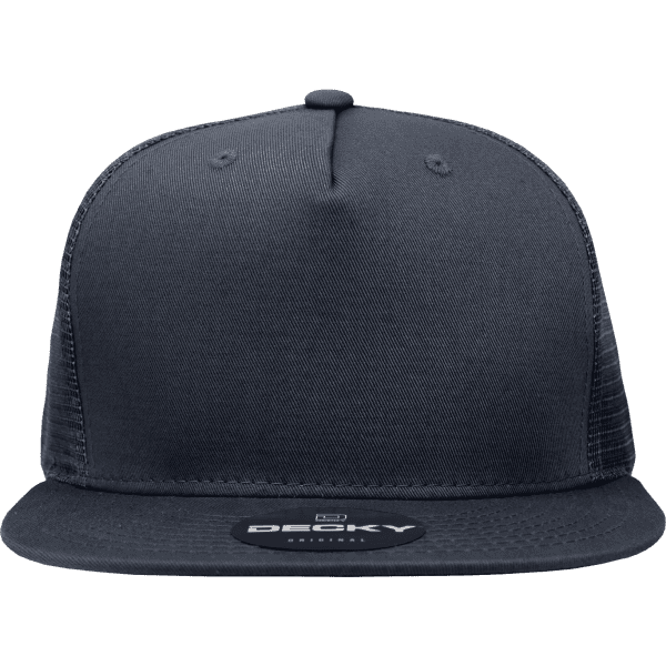 A high-profile structured trucker cap in black with a mesh back and a logo on the front.
