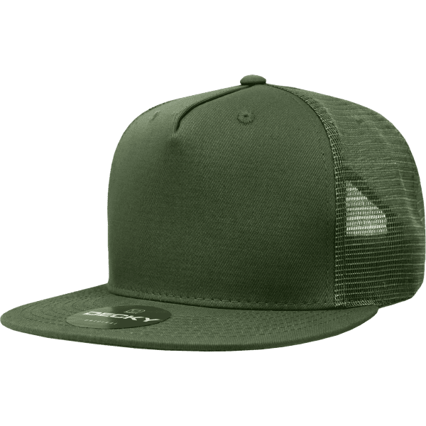 A green 5 Panel High Pro Cotton/Poly Blend Trucker cap with a mesh back and a logo on the front.