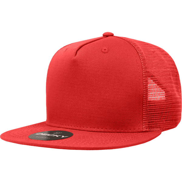 A red 5-panel trucker cap made from a cotton/poly blend, featuring a mesh back and a circular logo.