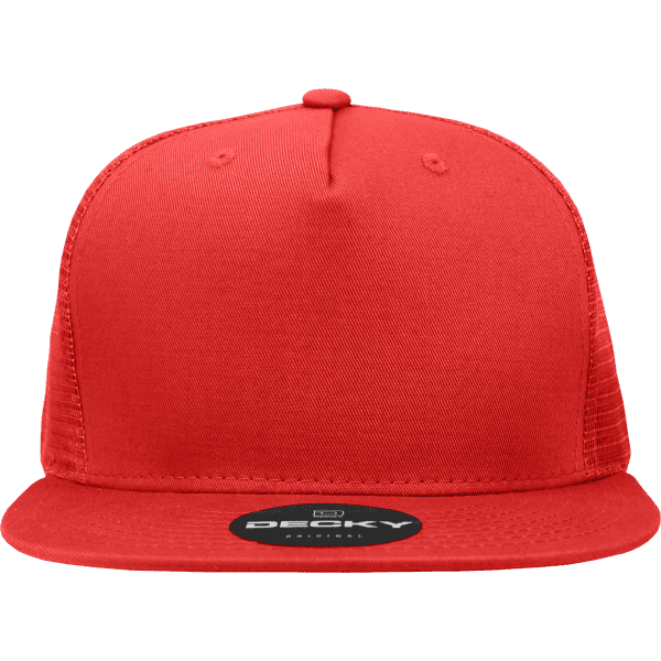 A red high-profile structured trucker cap with a flat brim and a rear mesh panel. Features a logo on the front.