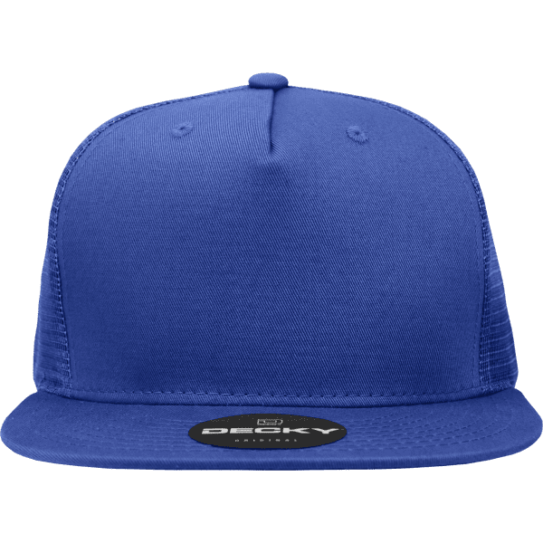 A blue 5-panel high profile structured trucker cap with a flat brim and a branded logo on the front.