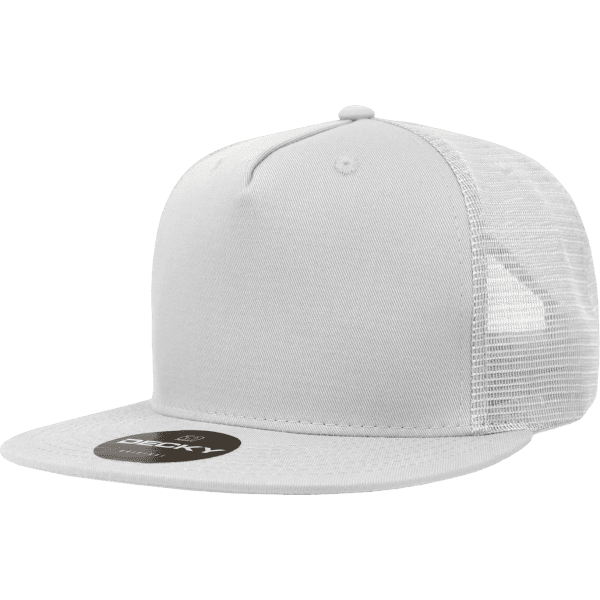 A white 5-panel trucker cap with a solid front and mesh sides, featuring a logo on the brim.
