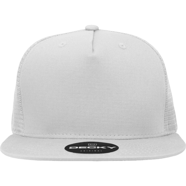 A white 5 Panel High Profile Structured Trucker cap with a mesh back and a logo on the front.
