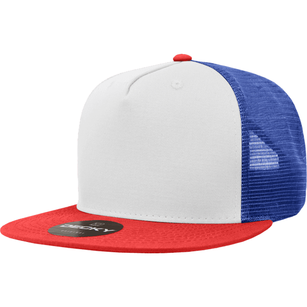 A trucker cap featuring a white front, red brim, and blue mesh sides. Includes a logo.