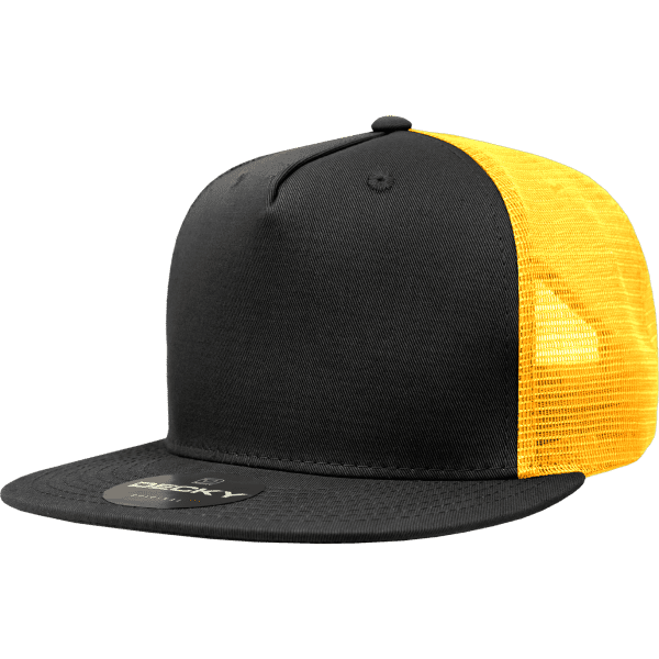 A black and yellow trucker cap featuring a solid front panel and a mesh back, with a logo on the front.