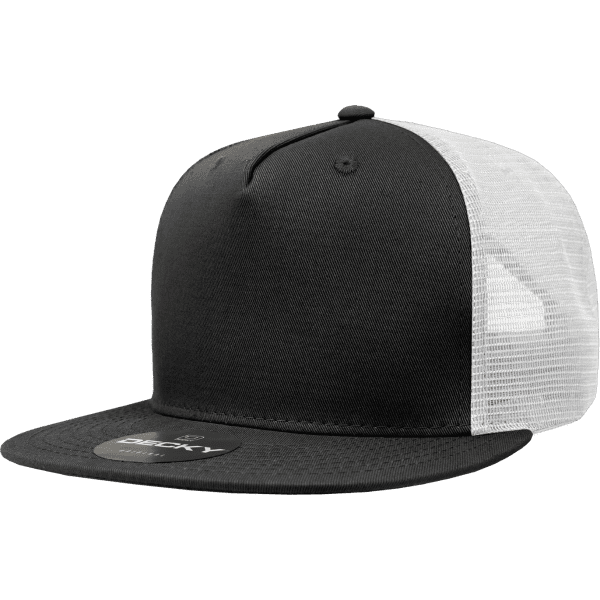 A black and white 5 panel trucker cap with a logo on the front and mesh paneling on the sides.