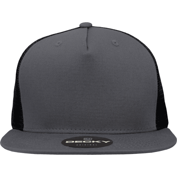 A grey high-profile structured trucker hat with a black mesh back and a logo on the front.