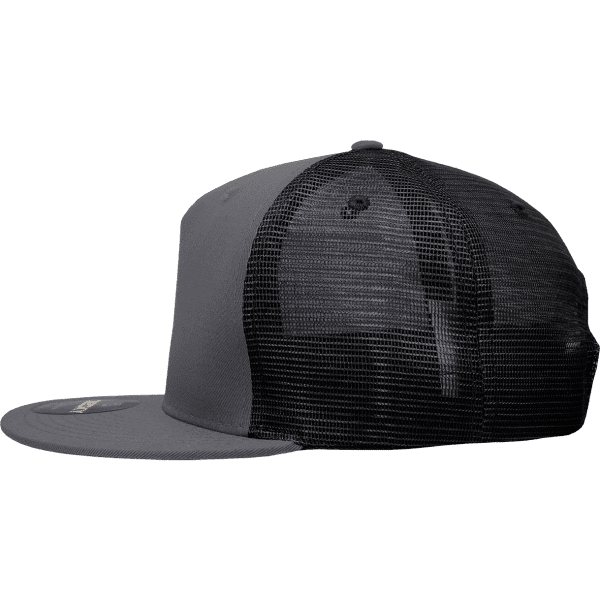 A grey structured trucker cap with a mesh back and a flat brim, featuring a logo on the side.